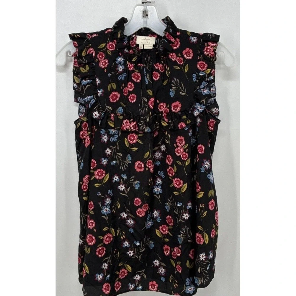 Kate Spade Black Floral Ruffle Sleeveless Blouse Sz XS Burton Up